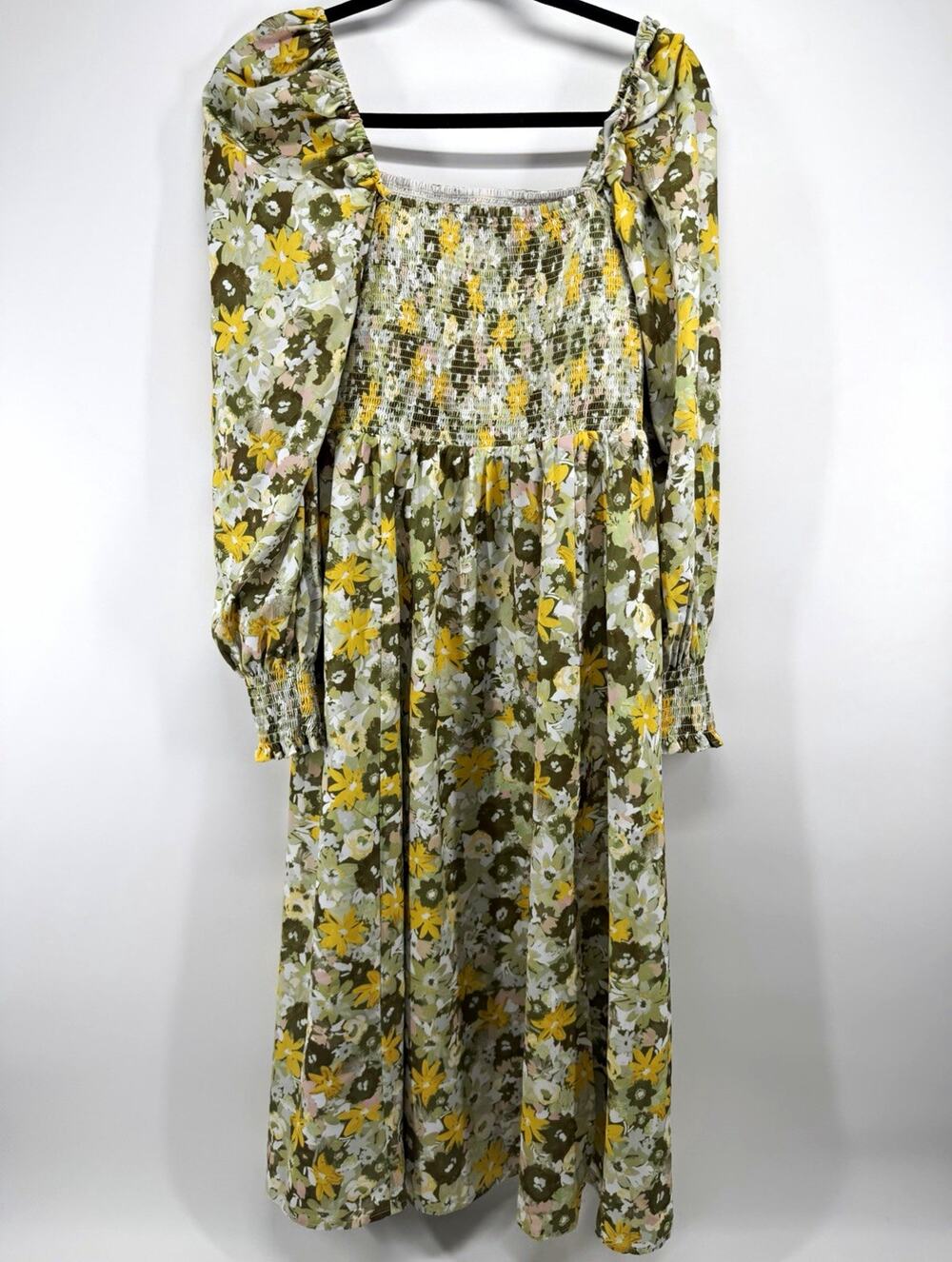 Few Moda XL Green Yellow White Floral Smocked Square Neck Puff Sleeve Midi